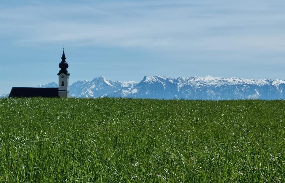 Kirche mit Untersberg und grüner Wiese